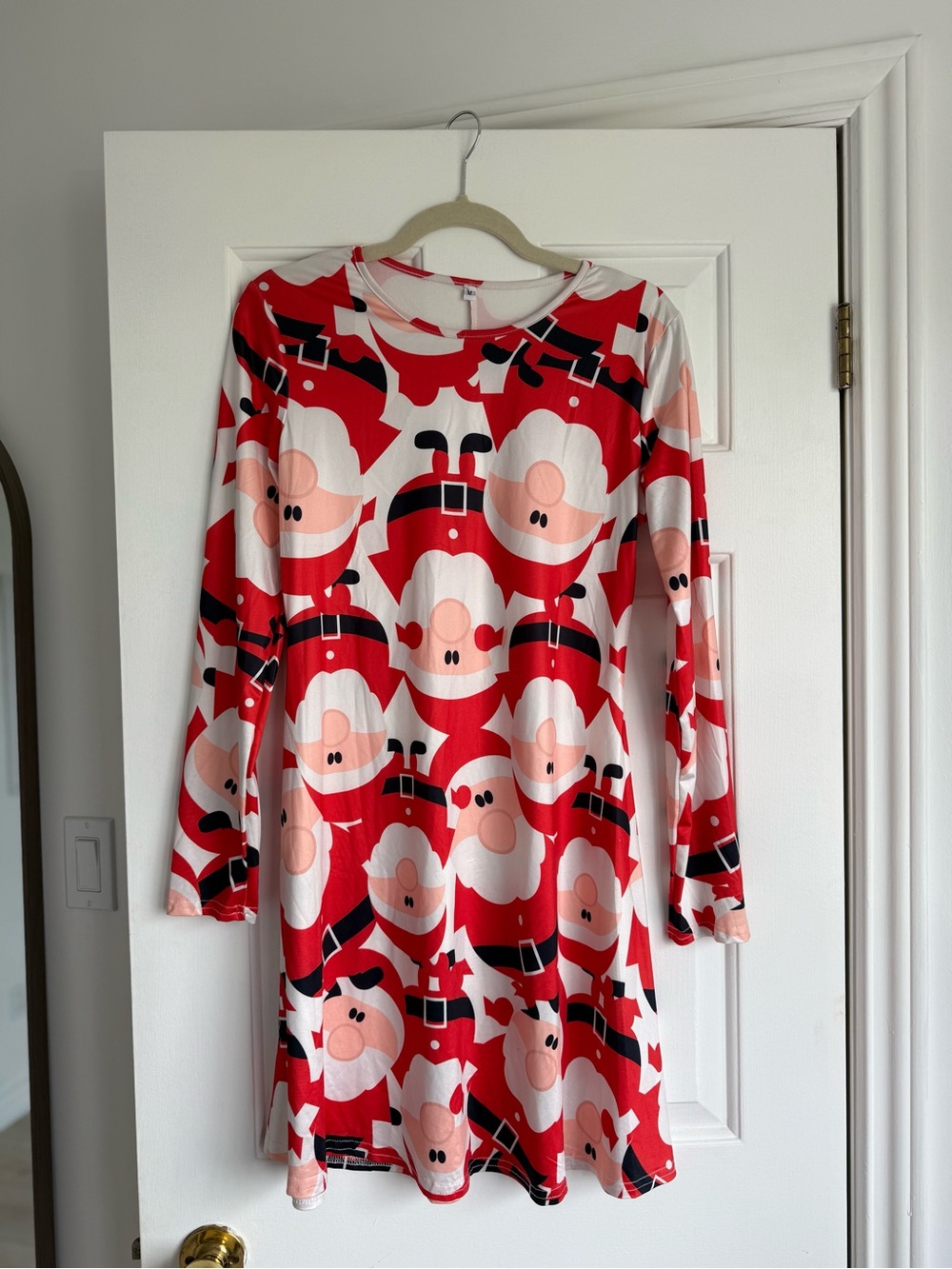 Festive Red Santa-Print Long Sleeve Dress